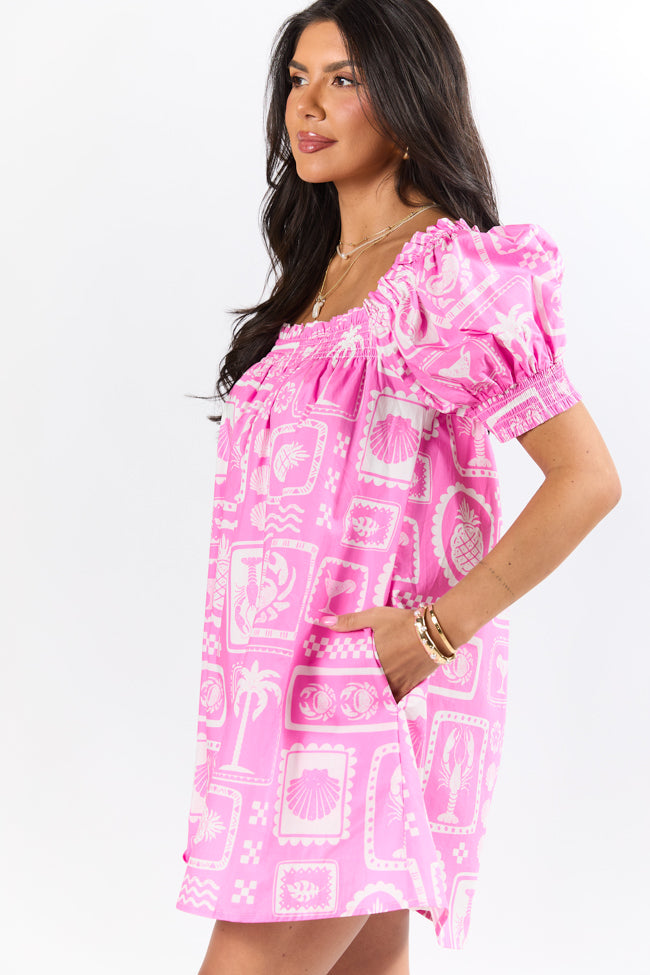Shore-ly Yours Pink and White Icon Print Dress