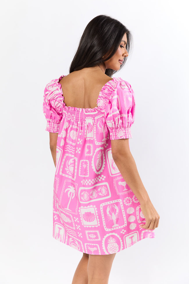 Shore-ly Yours Pink and White Icon Print Dress