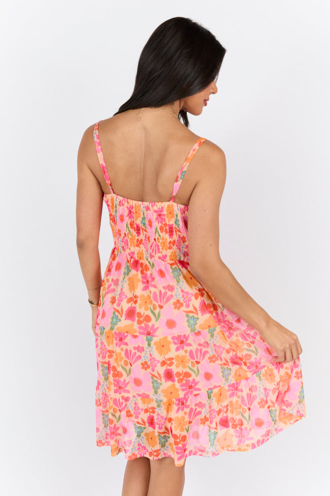 I Know A Place Orange And Pink Floral Smocked Mini Dress