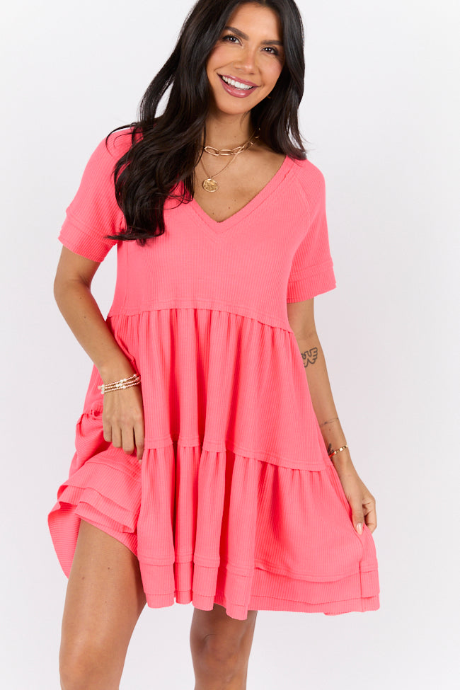 Planning Ahead Coral Waffle Knit Short Sleeve V-neck Dress