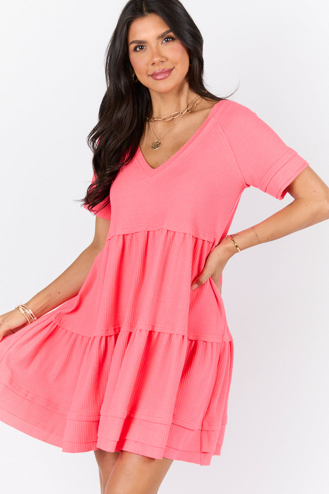 Planning Ahead Coral Waffle Knit Short Sleeve V-neck Dress