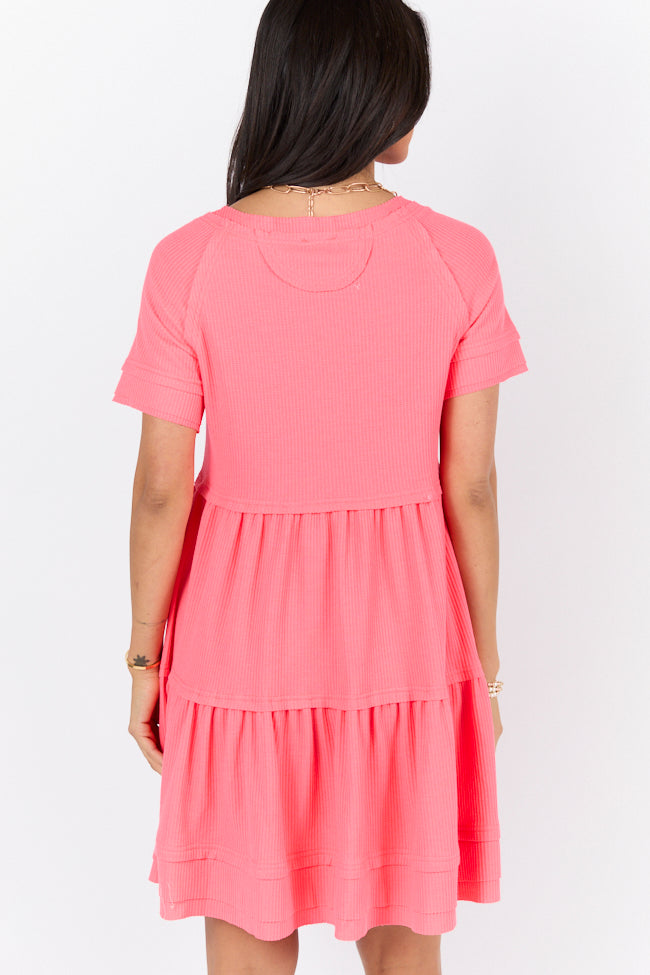 Planning Ahead Coral Waffle Knit Short Sleeve V-neck Dress