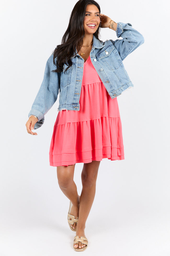 Planning Ahead Coral Waffle Knit Short Sleeve V-neck Dress