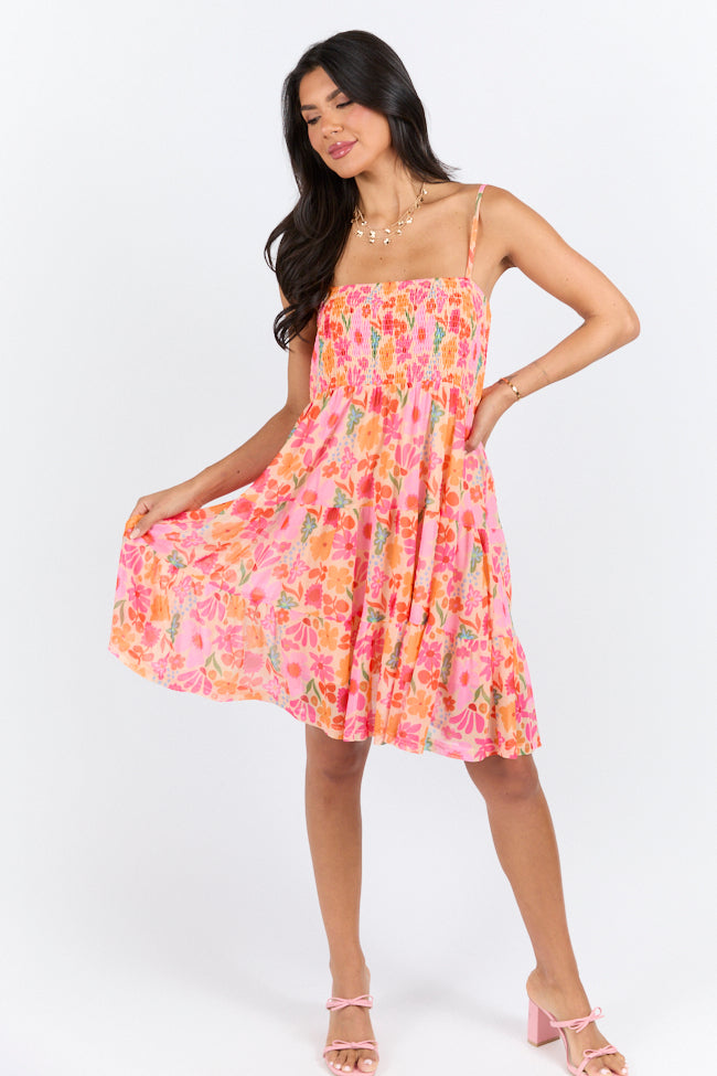 I Know A Place Orange And Pink Floral Smocked Mini Dress