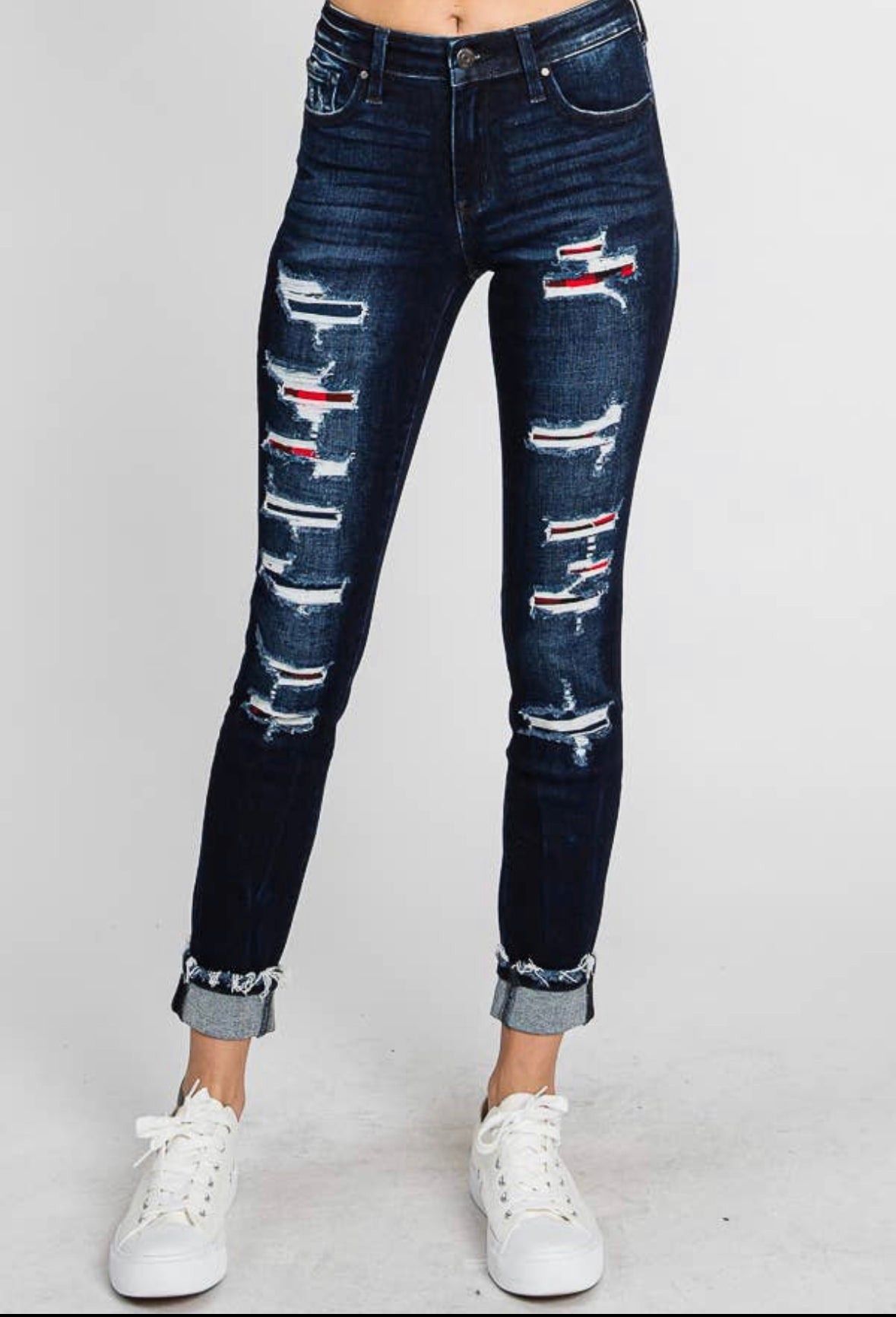 Midrise Ankle Skinny Buffalo Plaid Patch Denim